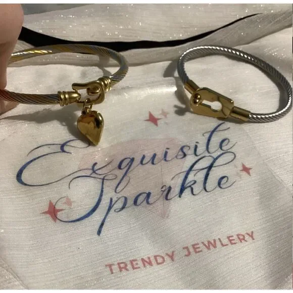 🗝️🖤•Industrial Chic Multi Tone Cable Bracelet Set – Gold Lock & Heart Charm - Picture 10 of 12